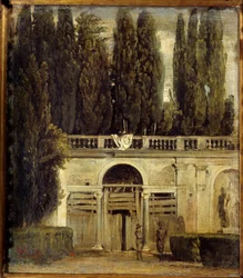 Villa Medicis i Rom, två män vid ingången till grottan till loggian under uppbyggnad Utsikt över Villa Medicis trädgårdar. Målning av Diego Velasquez (1599-1660), cirka 1649 sön. 0,48x0,42 m Madrid, Pradomuseet