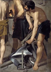 Vulcans smedja, detalj. En av smeden arbetar med rustningar. Målning av Diego Velasquez (1599-1660) 1630 Sön. 2,23x2,90 m Madrid, Pradomuseet