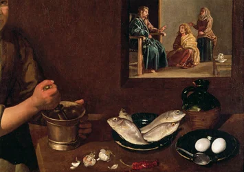 Köksscen med Kristus i Martas och Marias hus (detalj av maten på bordet med Kristus, Marta och Maria i bakgrunden), cirka 1618