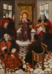 Jesus bland läkarna - Kristus bland läkarna - Cruz, Diego de la (aktiv 1482-1500) - ca. 1490 - Olja på trä - 102x76 - Lazaro Galdiano Museum, Madrid