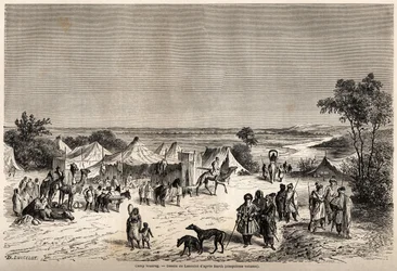 Ett Touaregläger, teckning av Lancelot, för att illustrera Dr Henri Barths resa 1849-1855 till Afrikas centrum. Gravyr i "" Le tour du monde, nouveau journal des voyages"" Paris