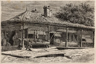 En slaktare och ett bageri i Bukarest (Rumänien). Gravyr för att illustrera resan från Paris till Bukarest av Lancelot, designer, 1860, i "Le tour du monde, nouveau journal des voyages", publicerad under ledning av Edouard Charton