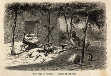 En zigenarsmedja i regionen Walachia, Rumänien. Gravyr för att illustrera resan från Paris till Bukarest, av Lancelot, ritare, 1860, publicerad i "Le tour du monde, nouveau journal des voyages", under ledning av Edouard Charton
