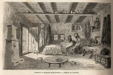 Ett hus för ägarbönder, i närheten av Orezu (Walachia-regionen, Rumänien). Gravyr för att illustrera resan från Paris till Bukarest, av Lancelot, ritare, 1860, publicerad i "Le tour du monde, nouveau journal des voyages", under ledning av o