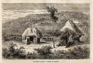 En postrelä mellan Bukarest och Pitesti. Gravyr för att illustrera resan från Paris till Bukarest (Rumänien), 1860, av Lancelot, designer, i "Le tour du monde, nouveau journal des voyages", publicerad under ledning av Edouard Charton