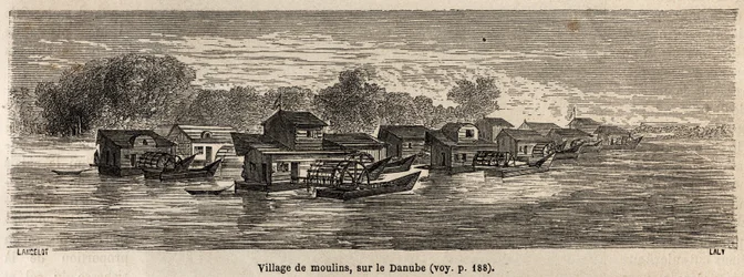 En by med kvarnar vid Donau, teckning av Lancelot, för att illustrera Victor Duruys resa från Paris till Bukarest 1860. Gravyr i "" Le tour du monde", redigerad av Edouard Charton