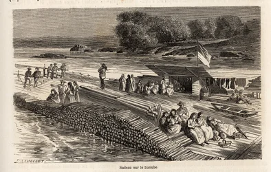 En träflotte på Donau, för transport av varor och människor, teckning av Lancelot, för att illustrera Victor Duruys resa från Paris till Bukarest 1860. Gravyr i "" Le tour du monde", redigerad av Edouard Charton