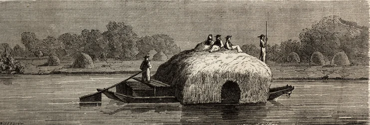 Styckning, skörd och transport av foder på Donaus strand. Teckning av Lancelot, för att illustrera hans resa från Paris till Bukarest 1860. Gravyr i "" Le tour du monde", redigerad av Edouard Charton