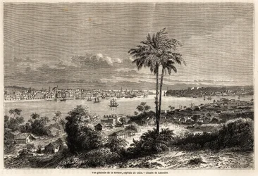 Översikt över Havanna, Kubas huvudstad, teckning av Lancelot för att illustrera resan till ön Kuba, 1859, av Richard Dana (1815-1882). Gravyr i "" Le tour du monde, nouveau journal des voyages"" Paris