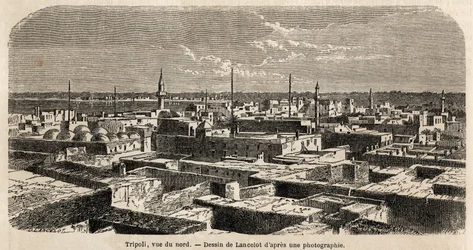 Allmän bild av Tripoli, teckning av Lancelot, för att illustrera baron de Kraffts tripolitanska promenader 1860. Gravyr i ”” Le tour du monde”” 1861. Selvas samling.