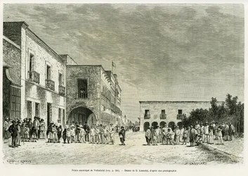 Valladolids kommunala palats. Gravyr av Lancelot för att illustrera berättelsen Ma last expedition au Yucatan, av Desire Charnay, i le tour du monde 1887, regisserad av Edouard Charton (1807-1890), Hachette, Paris.