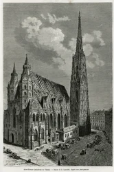 St. Stefans katedral (St. Stephen eller Stephansdom eller St. Stephane eller St. Stephan Kirche) (byggd mellan 1113 och 1147), Wien (Österrike). Gravyr av Lancelot, för att illustrera historien Vienne och dess förorter, av M. Newlinski, 1881, publicerad i 