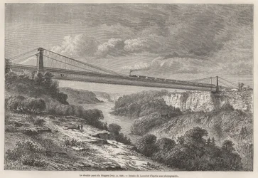 Niagara dubbelbron, teckning av Lancelot, för att illustrera L. Devilles resor till Nordamerika 1854-55. Gravyr i ”” Le tour du monde”” 1861. Selvas samling.