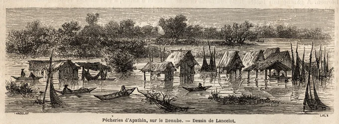 Fisket i Apathin (Serbien), vid Donau. Teckning av Lancelot, för att illustrera hans resa från Paris till Bukarest 1860. Gravyr i "" Le tour du monde", redigerad av Edouard Charton