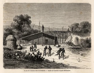 Spelet om ringen bland Mohaves-indianerna, teckning av Lancelot, för att illustrera Mississippis resa till Stilla havet 1853-54 av Baudouin Mollhausen (1825-1905). Gravyr i "" Le tour du monde, nouveau journal des voyages"" Paris