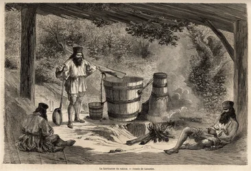 Tillverkning av rakiou, spannmålsalkohol, typ av snaps mycket vanlig i Rumänien. Gravyr för att illustrera resan från Paris till Bukarest, av Lancelot, ritare, 1860, publicerad i "Le tour du monde, nouveau journal des voyages", under direktivet