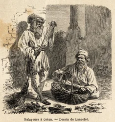 Sopmaskinerna i Orezu (Rumänien). Gravyr för att illustrera resan från Paris till Bukarest, av Lancelot, ritare, 1860, publicerad i "Le tour du monde, nouveau journal des voyages", under ledning av Edouard Charton