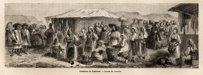 Den gående befolkningen i Tesmevar (eller Timisoara) i Rumänien. Gravyr för att illustrera resan från Paris till Bukarest, av Lancelot, ritare, 1860, publicerad i "Le tour du monde, nouveau journal des voyages", under ledning av Edouard Charton
