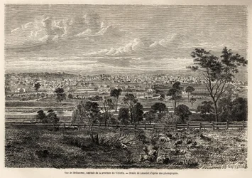 Vy över Melbourne (Australien), teckning av Lancelot, för att illustrera minnen av en fransk husockupant i Australien, 1854-1859, av M. de Castella. Gravyr i ”” Le tour du monde”” 1861. Selvas samling.