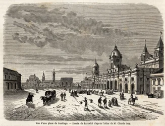 Utsikt över ett torg i Santiago (Chile), teckning av Lancelot, för att illustrera resan till Sydamerika, 1823, av Giovanni Mastai Ferretti (1792-1878, framtida Pius IX). Gravyr i "" Le tour du monde, nouveau journal des voyages"" Paris