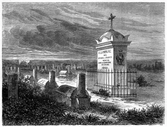 Utsikt över den franska kyrkogården i Pekin (Peking), Kina. Gravyr efter en teckning av Lancelot, i "" Le Tour du Monde, Nouveau journal des Voyages", redigerad av Edouard Charton, Paris