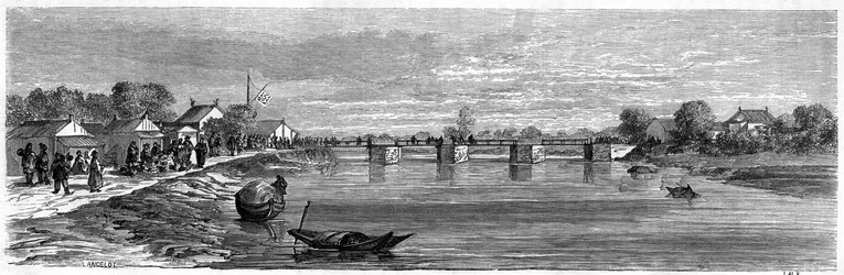 Vy över bron över Suzhoufloden nära Shanghai 1860, Kina. Gravyr av Lancelot, i "" Le Tour du Monde, Nouveau journal des Voyages", redigerad av Edouard Charton, Paris