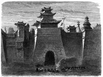 Pekins murar och port (Peking), Kina. Gravyr av Lancelot, i "" Le Tour du Monde, Nouveau journal des Voyages", redigerad av Edouard Charton, Paris