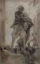 Markisen av Lantenac räddar ett barn, illustration från Quatre-vingt-treize av Victor Hugo (1802-85) (penna, krita och gouache på papper)