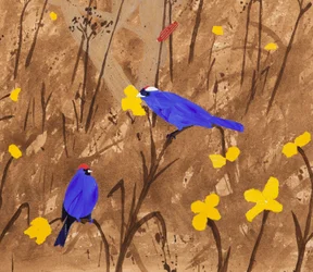 Primärfärger (Diadem Tanagers  Ceibo tree) (akryl  collage)