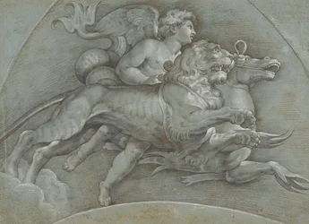 En bevingad Putto som rider på en havshäst och ett lejon efter Raphael, verso..., 1574.