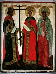 Ikon som visar SS. Constantine, Helena och Agatha, Novgorod School, c.1500