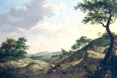 Ett skogslandskap med herdar och djur på en klippa