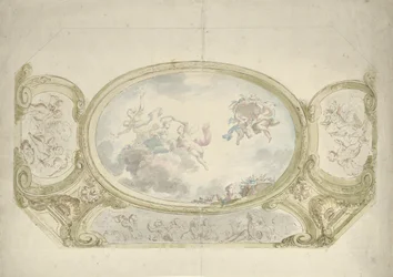 Design för en takmålning: oval med allegorisk representation, omgiven av scener med putti