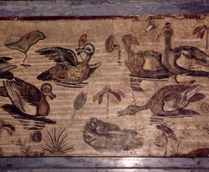Romersk mosaik från Pompeji av ankor och grodor i en vattenträdgård, 1:a århundradet