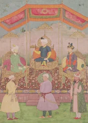 Mughal-kejsaren Babur och hans son, Humayan, indisk miniatyr från Rajasthan, 1500-talet