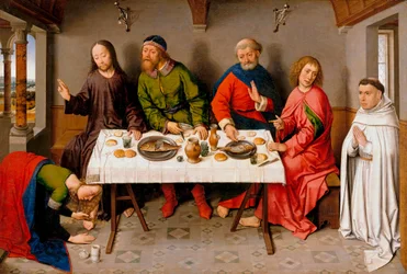"Kristus hos fariséen Simon" (Kristus i Simon fariséens hus) Maria Magdalena skickar salva på Jesu fötter - Målning av Dirk (Dieric) Bouts, dit le Vieux (1410/20-1475) , c 1450 - Olja på trä, 40,5x61 - Staatliche Museen, Berl