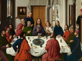 Detalj av Triptyken av den sista måltiden, från det heliga sakramentets altartavla, ca 1464-68 (olja på panel)