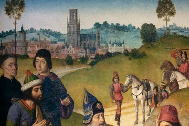Församlingskyrka (Parochiekerk Sint-Pieter). Målning. Sista måltiden. Dirk Bouts. 1464-1468. Detalj. Vänster panel.