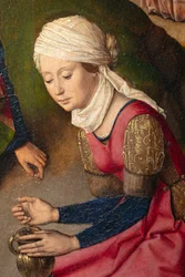 Församlingskyrka (Parochiekerk Sint-Pieter). Målning. Sista måltiden. Dirk Bouts. 1464-1468. Detalj. Höger panel.
