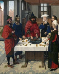 Altartavla av det välsignade sakramentet: Detalj av den vänstra panelen som representerar den judiska påsken. Målning på trä av Dirck (Dieric, Dirk) Bouts le Vieux (den äldre) (1410-1475)