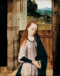 "Jungfru i tillbedjan" (Virgin in Adoration) Målning av Dirk Bouts (1410/20-1475)