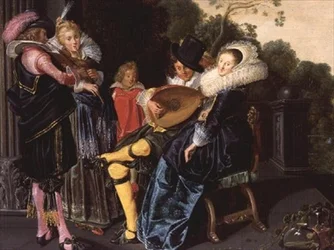 En elegant fest som gör musik vid en prydnadssjö, 1621
