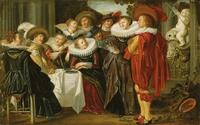 Ett elegant sällskap som lunchar på en terrass, 1623