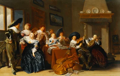 Eleganta figurer med instrument som sitter vid ett bord och en ung dam som sjunger i en interiör, 1637