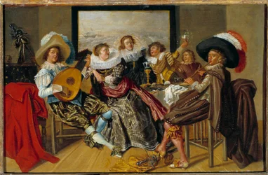 Galant möte Musiker och unga kvinnor spelar musik och höjer sina glasögon på en fest. Målning av Dirk Hals (1591-1656) 1625 Sön. 0,3x0,46 m