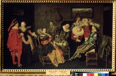 ""The Merry Company"" (The Merry Company) Festen i ett rikt holländskt residens, ett bord av elegant klädda borgare. Målning av Dirck Hals (1591-1656) 1600-talet Mått 41x66 cm Pushkin-museet, Moskva