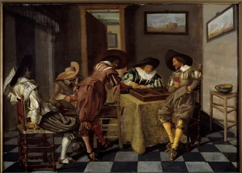 Delen av tric trac (tri-trac: gammalt backgammonspel). Målning av Dirk Hals (1591-1656), ca 1615-1625. Olja på trä. Mått: 0,38 X 0,53 m. Lille, Musee Des Beaux Arts - Tic-trac-spelare ("Trictrac: antikt backgammonspel). Målning av Dirk Hals (159