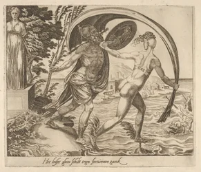 En sköld är till ingen nytta när Fortune vänder ryggen till från sex ordspråk om Fortune, ca. 1560.
