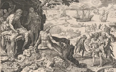De kejserliga trupperna för med sig civilisationen till indianerna, från The Victories of Emperor Ch..., 1555.