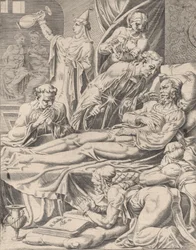 Den rike mannen på sin dödsbädd, från liknelsen om Lazarus och den rike mannen, plåt 2, 1551.